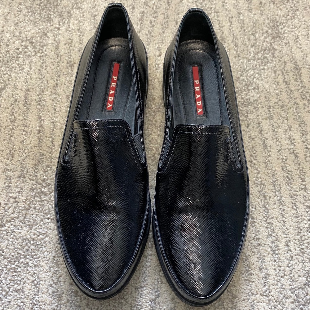 Prada Black Shiny Patent Leather Slip-on Sneakers